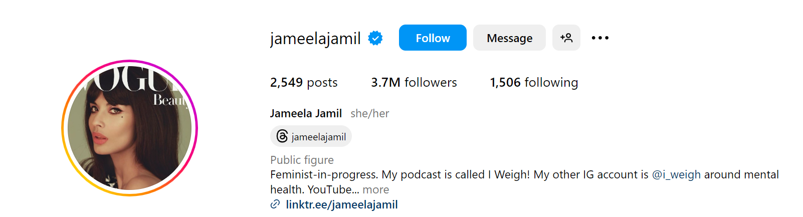 77. Jameela Jamil Social Media Influencer Profile Image 77. Jameela Jamil social media influencer portrait