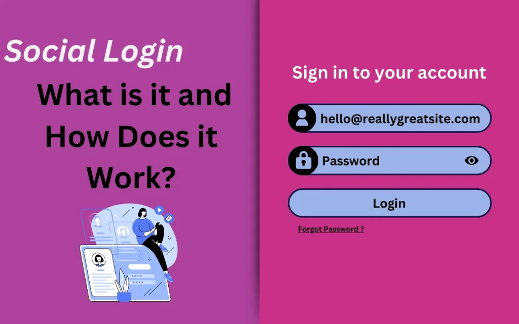 Illustration showing Social Login buttons for Facebook, Google, and other platforms
