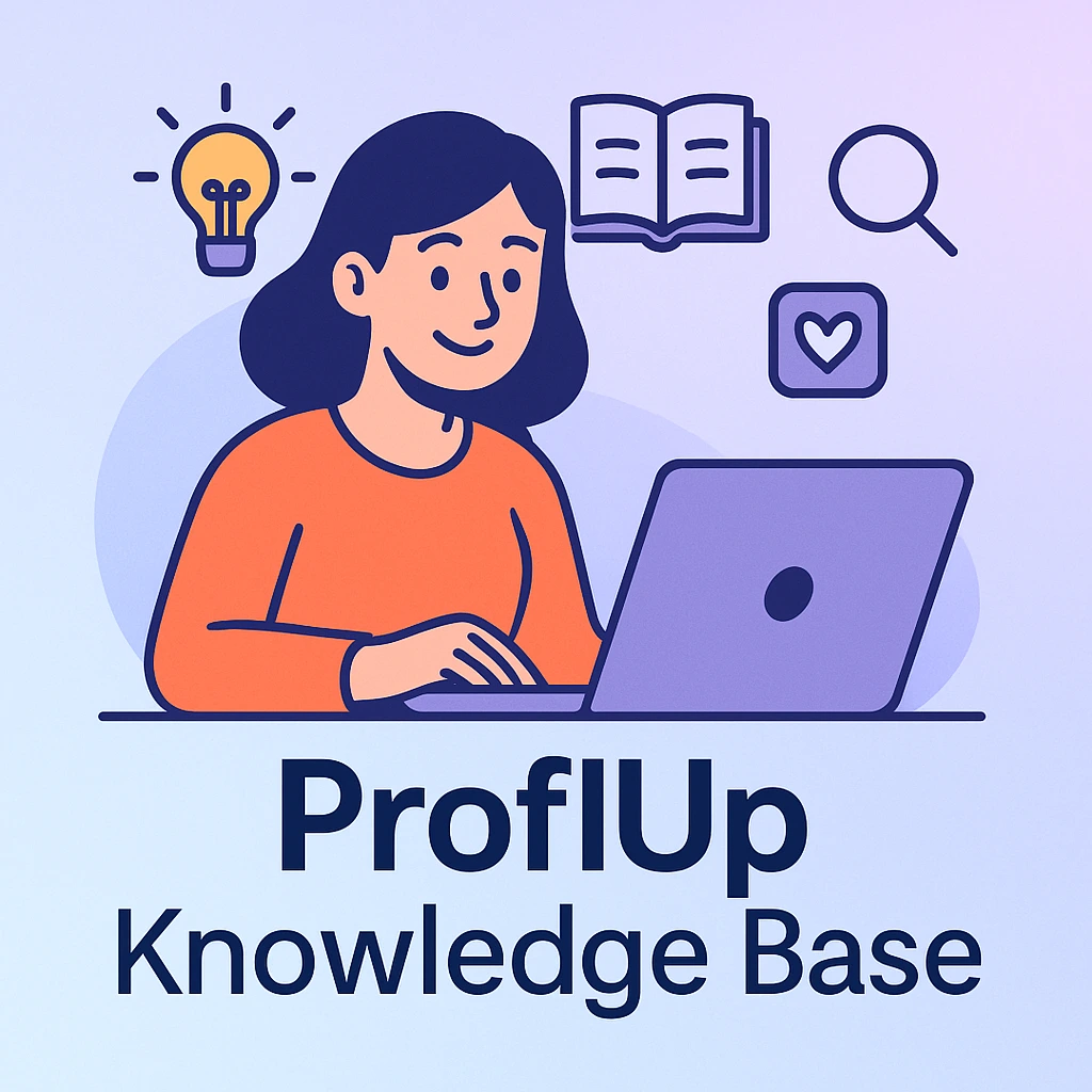 ProflUp Knowledge Base – Woman at laptop with icons for help, ideas, and support
