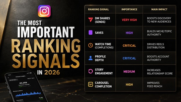Instagram Algorithm 2026 Ranking Factors - DM Shares, Saves, Watch Time, Profile Depth and Engagement Velocity